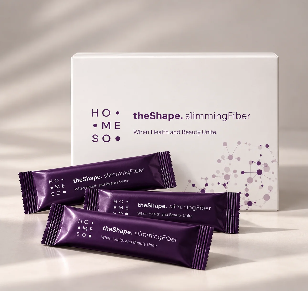 HoMEso theShape. slimmingFiber box with three individual sachets in front